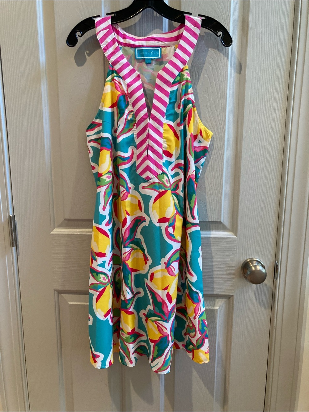 EUC Southern Frock Teal Dress with Yellow Lemon Print & Pink Trim